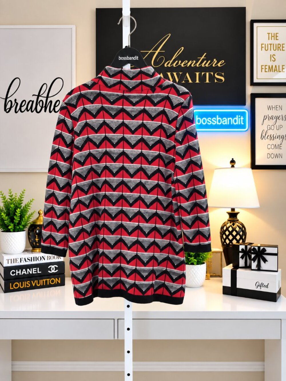 ASOS Red Black Geometric High Neck Sweater 3/4 Sleeve Size 12 NWT - Picture 3 of 7